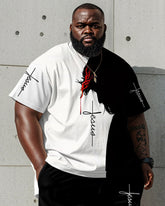 Men's Plus Size Daily Casual Black And White Jesus Letter Print Short Sleeve T-Shirt Shorts Suit